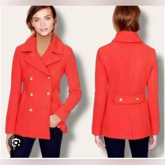 J.Crew Nello Gori Stadium Cloth Red Orange Wool Women's Double-Breasted Peacoat - Picture 2 of 14
